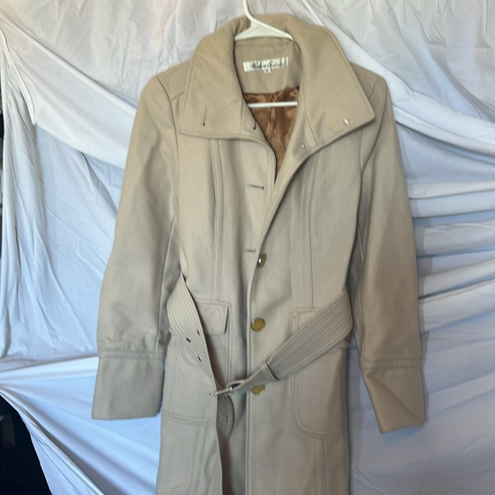 Kenneth Cole long jacket button up with belt - size 4. Will fall about mid thigh